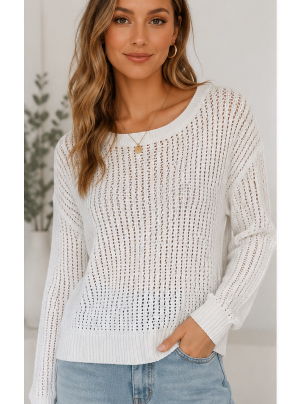 Lucky Brand Medium Off White Open-Weave Crewneck Sweater Soft Girl Coastal Flaw